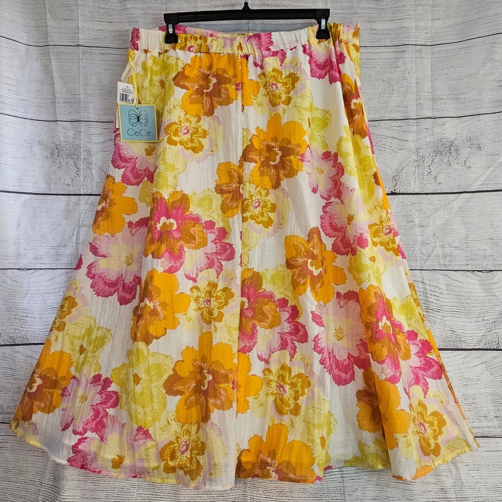 CeCe 2X Spring Breakers Radiant Yellow Floral Midi Skirt Lined Pockets NWT 1078 - Picture 6 of 9